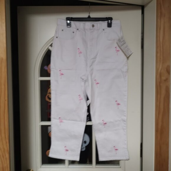 New Quacker Factory White With Pink Flamingos Cropped Jeans Size Women's 16 - Picture 1 of 3